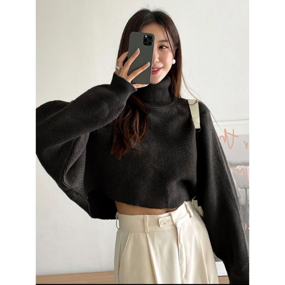 DAZY womens S M L black sweater turtleneck cropped crop shirt dolman top slouchy